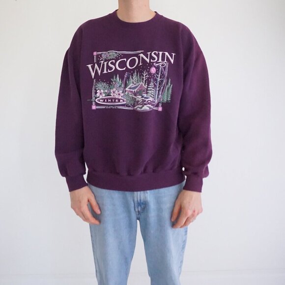 Vtg '90S Jerzees Wisconsin Winter Puff Print Purple Cotton Crew Neck Sweater XL - Picture 1 of 9